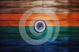 India Flag painted on old wood plank texture background. Indian Flag banner, India Flag on wood texture background concept, AI