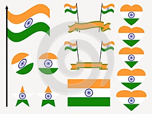 India flag set. Collection of symbols, flag in heart. Vector