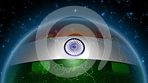 India flag strung on planet Earth. Abstraction of a globe with the contours of the continents.