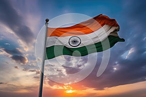 India flag waving in the wind against the sunset or sunrise background, Tricolor Indian Flag during Sunset and beautiful sky, AI