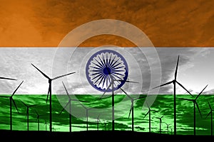 India flag wind farm at sunset, sustainable development, renewable energy