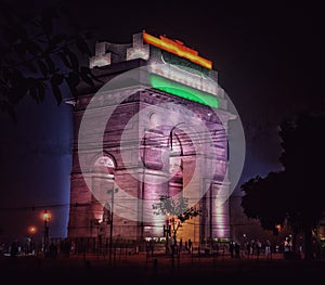 INDIA GATE at New Delhi India with lights of tricolour making it look really beautiful at night