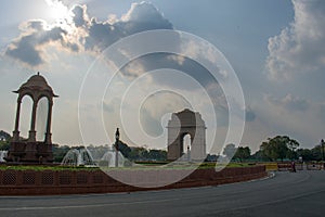 India Gate a war memorial built on the eastern end of Rajpath road New Delhi at sunset time.