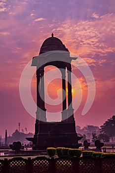 The India Gate is a war memorial located astride the Rajpath, on the eastern edge of the