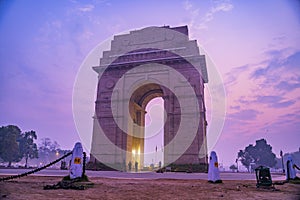 The India Gate is a war memorial located astride the Rajpath, on the eastern edge of the