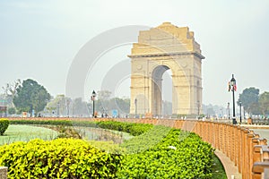 The India Gate is a war memorial located astride the Rajpath, on the eastern edge of the