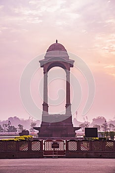 The India Gate is a war memorial located astride the Rajpath, on the eastern edge of the