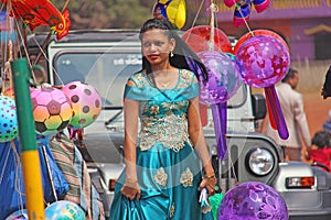 India, GOA, January 28, 2018. Young Indian girl in a beautiful blue or turquoise sari