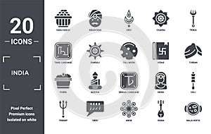 india icon set. include creative elements as kanji vadas, trisul, vedas, bengali language, urdu, phirni filled icons can be used photo