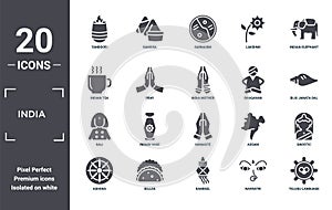 india icon set. include creative elements as tandoori, indian elephant, bhagavan, namaste, gujjia, kali filled icons can be used