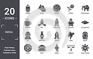 india icon set. include creative elements as tandoori, indian elephant, bhagavan, namaste, gujjia, kali filled icons can be used photo