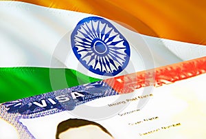 India immigration document close up. Passport visa on India flag. India visitor visa in passport,3D rendering. India multi