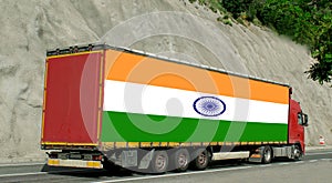 India- import-export concept. Truck carrying goods with the flag of India