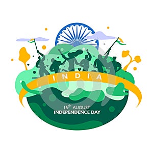 India independence day. 15 th august. indian people, symbol and ribbon flag fluttering on landscape. poster Vector illustration