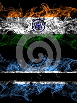 India, Indian vs Botswana, Batswana smoky mystic flags placed side by side. Thick colored silky abstract smoke flags