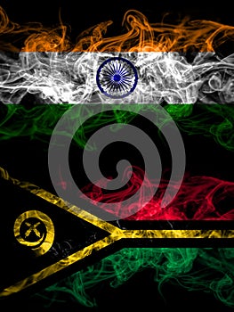 India, Indian vs Vanuatu smoky mystic flags placed side by side. Thick colored silky abstract smoke flags