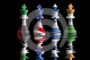 India, israel, us and United Arab Emirates flags paint over on chess king. 3D illustration. 2nd quad group