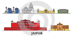 India, Jaipur flat landmarks vector illustration. India, Jaipur line city with famous travel sights, skyline, design.