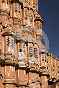 India, Jaipur, Hawa Mahal, detail of the elaborate ornate and pink facade