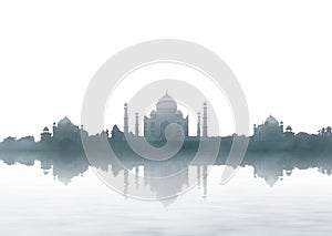 India landmark - Taj Mahal panorama with fog
