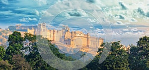 India landmarks - panorama with Amber fort. Jaipur city