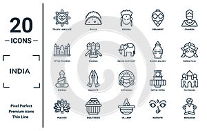 india linear icon set. includes thin line telugu language, uttar pradesh, buddha, peacock, bhagavan, indian elephant, taj mahal photo