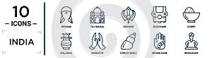 india linear icon set. includes thin line woman, sikhism, curry, namaste, indian vase, bhagavan, kalasha icons for report, photo