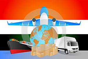 India logistics concept illustration. National flag of India from the back of globe, airplane, truck and cargo container ship