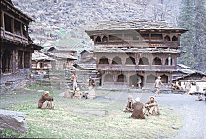 1977. India. The main square in front of the temple. Malana.