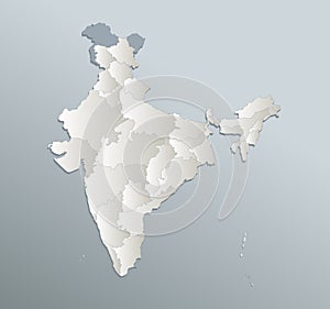 India map, administrative division, blue white card paper 3D blank