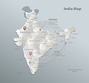 India map, administrative division with names, blue white card paper 3D