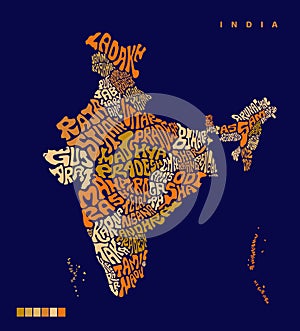 INDIA Map with all Indian states name lettering. India map vector lettering. Typography India map design. Indian all states name