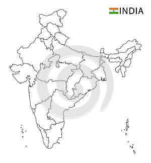 India map, black and white detailed outline regions of the country.