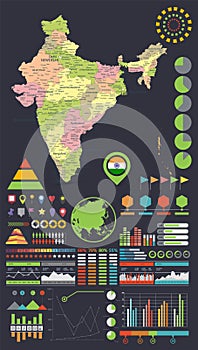 India map and Infographics design elements. On black