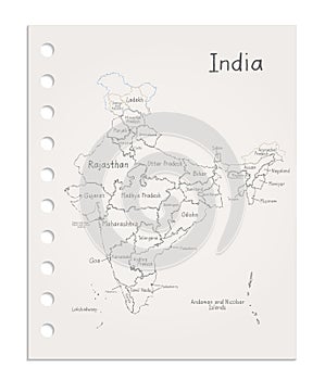 India map on realistic clean sheet of paper torn from block