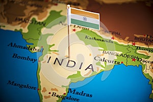 India marked with a flag on the map