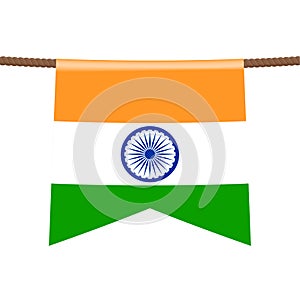 India national flags hangs on the ropes on white background. The symbol of the state in the pennant hanging on the rope. Realistic