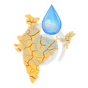 India needs water. Water scarcity concept. Drought in India and a drop of water. Vector illustration, isolated, white background