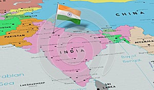 India, New Delhi - national flag pinned on political map