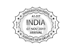 India Passport stamp. Visa stamp for travel. Delhi international airport grunge sign. Immigration, arrival and departure symbol.