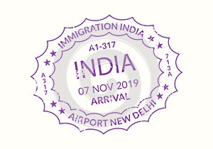 India Passport stamp. Visa stamp for travel. Delhi international airport grunge sign. Immigration, arrival and departure symbol.