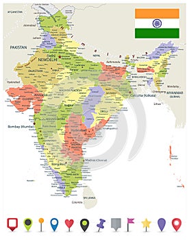 India Political Map and Flat Map Icons