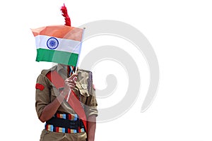 India`s National Cadet Corps NCC Lady Cadet Standing With Indian Flag,