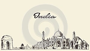 India skyline vector illustration drawn sketch