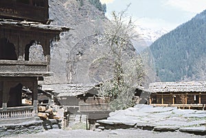 1977. India. Temple with wooden carvings. Malana.