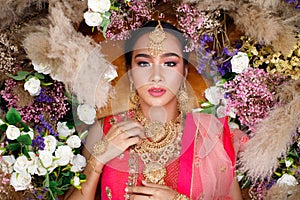 India Traditional costume Wedding bride dress on Beautiful Woman Portrait