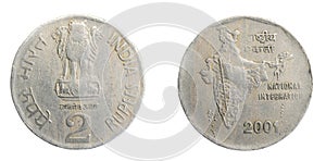 India two rupees coin on a white isolated background