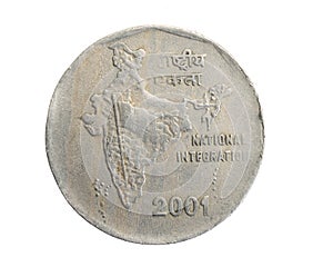 India two rupees coin on a white isolated background