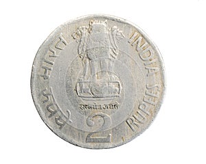 India two rupees coin on a white isolated background