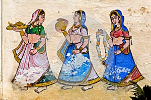 India, Udaipur: fresco on a wall photo